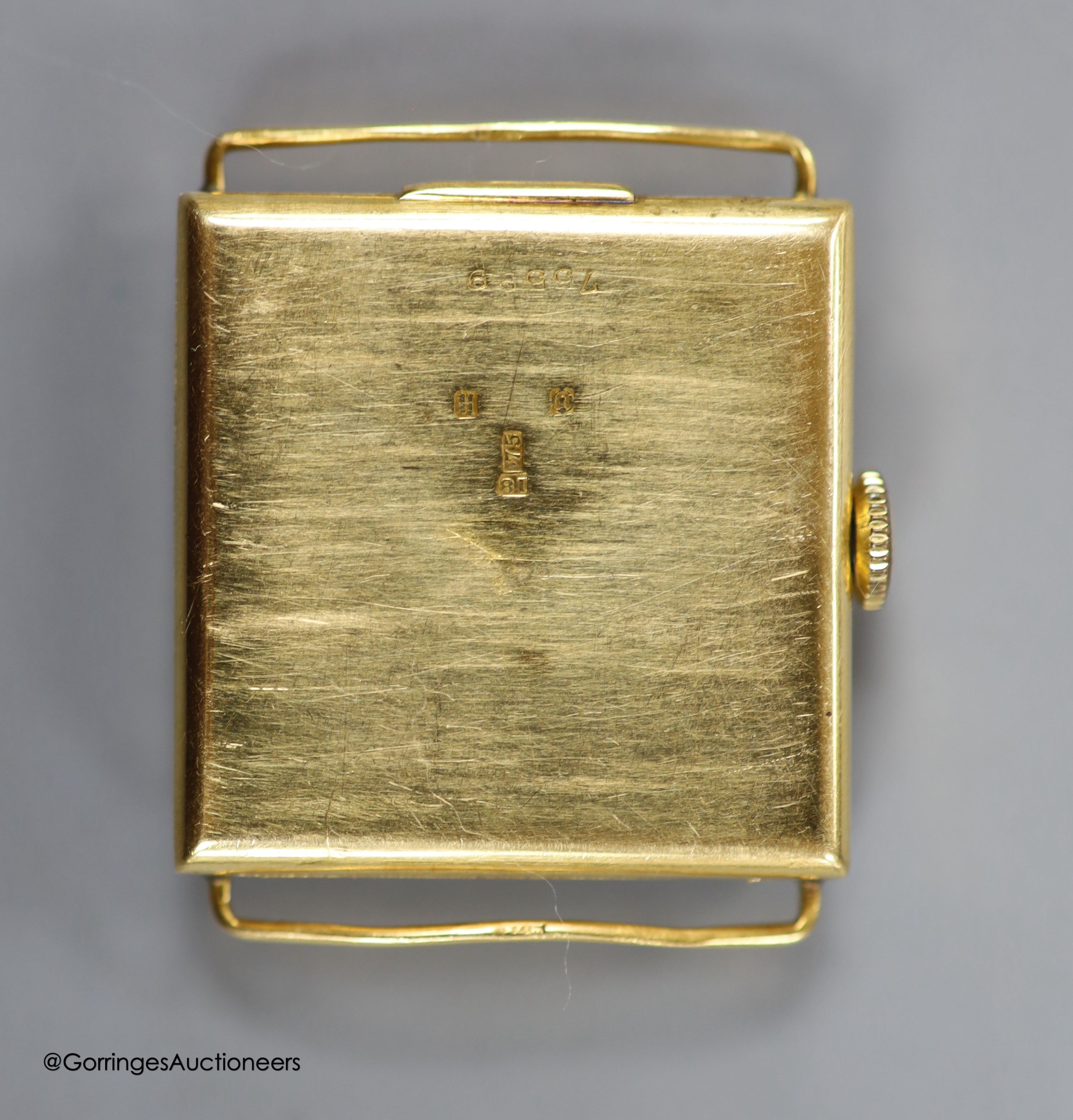 A 1920's 18ct gold square cased manual wind wrist watch, no strap, case diameter 26mm ex. crown, gross weight 23 grams.